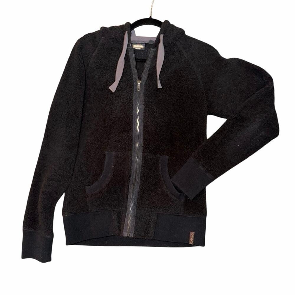 Kavu zip up fleece jacket black charcoal drawstring hoodie medium hiking camping